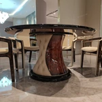 Round Marble Dining Table with smooth Lazy Susan and Button-Tufted Leather Pedestal